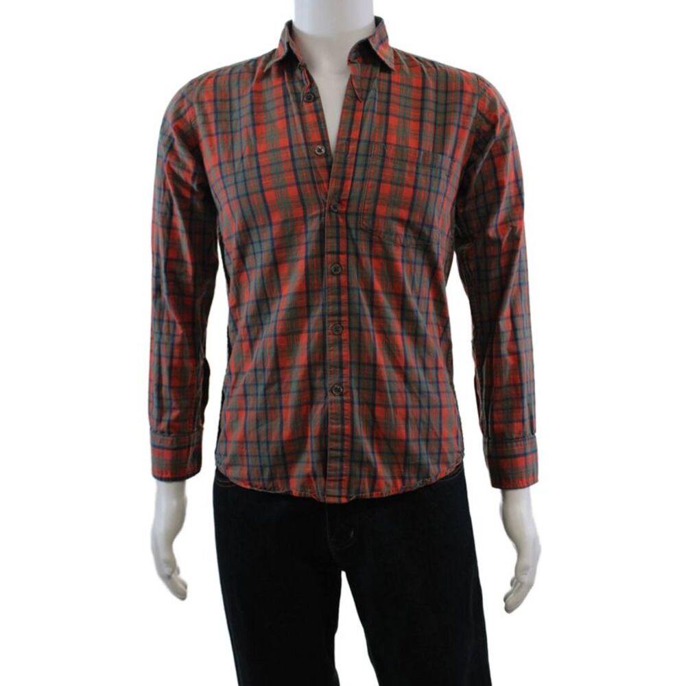 Steven Alan Mens Cotton Plaid Long Sleeve Button Down Shirt Orange Size S
